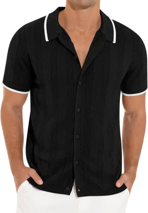 RQP Men's Casual Button Down Shirt Short Sleeve Vintage Clothes Knit Polo Shirts Summer Beach Shirts