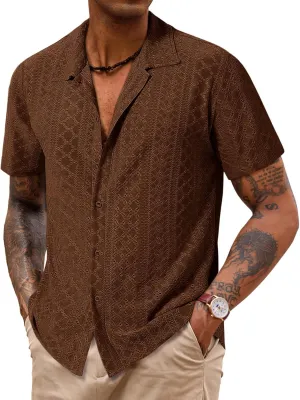 Runcati Mens Casual Button Down Shirt Short Sleeve Summer Beach Hollow Out Tropical Shirts