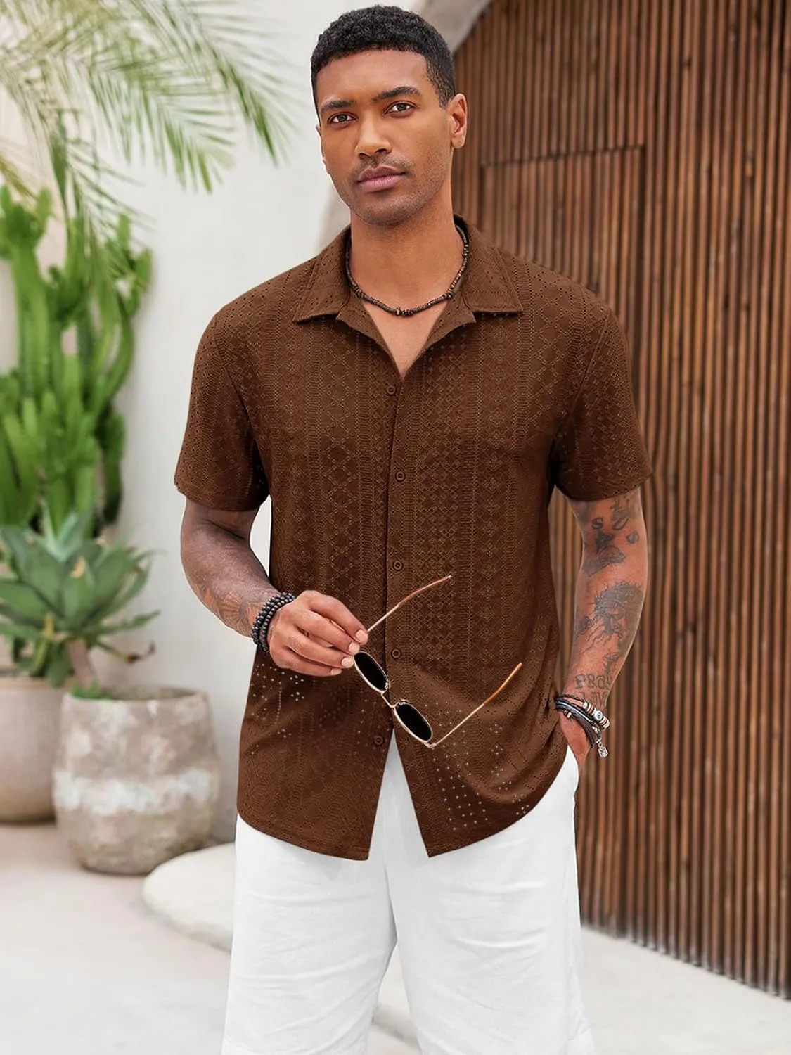Runcati Mens Casual Button Down Shirt Short Sleeve Summer Beach Hollow Out Tropical Shirts