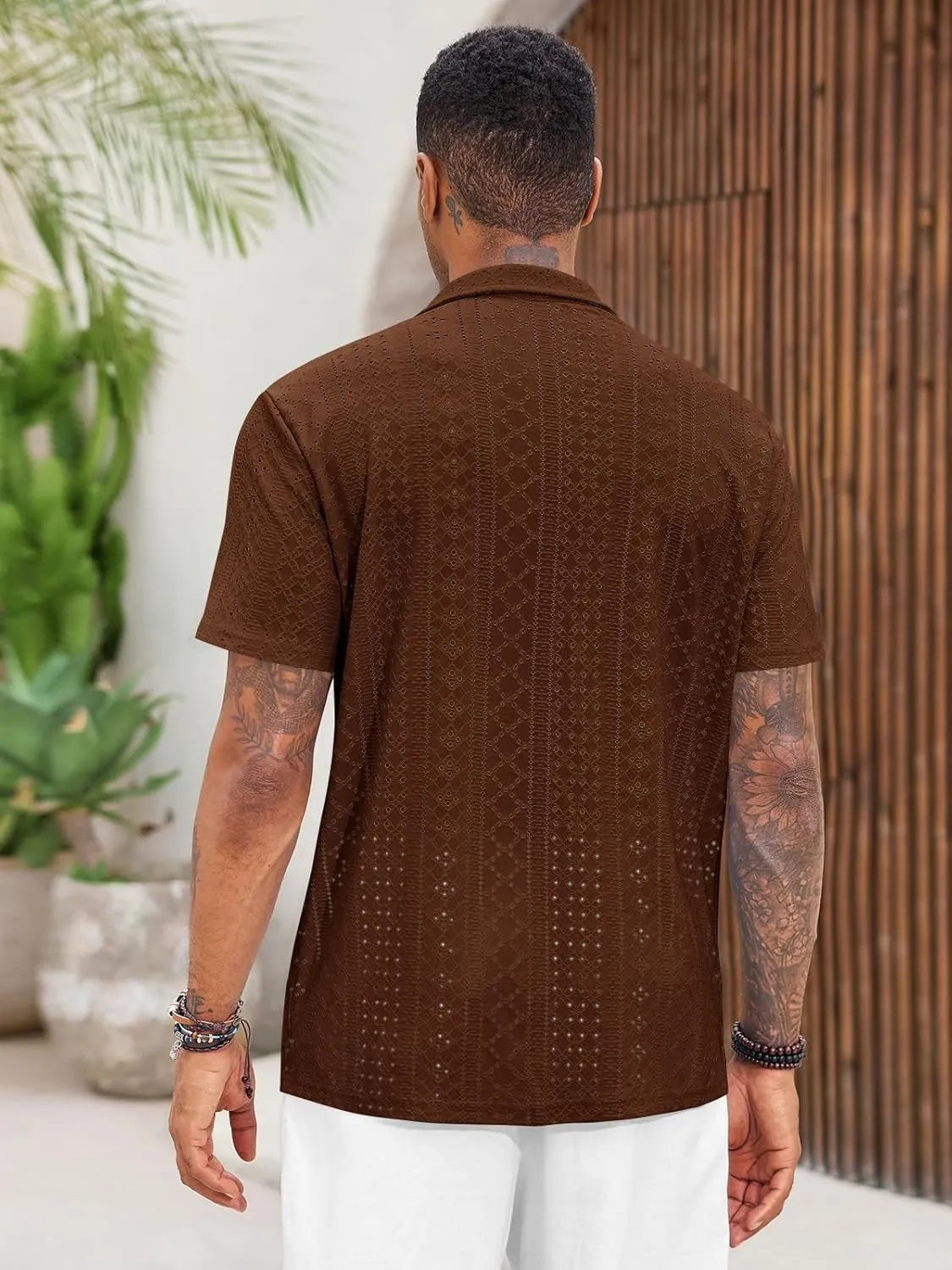 Runcati Mens Casual Button Down Shirt Short Sleeve Summer Beach Hollow Out Tropical Shirts