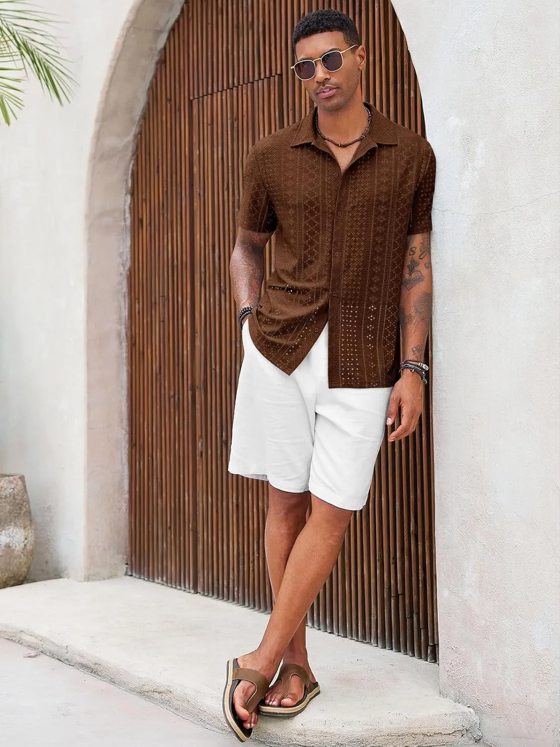 Runcati Mens Casual Button Down Shirt Short Sleeve Summer Beach Hollow Out Tropical Shirts