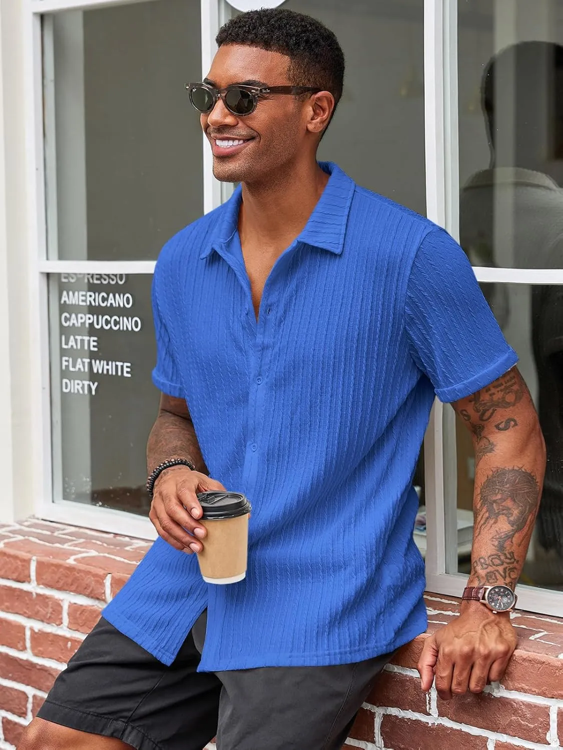 Runcati Men's Casual Button Down Shirts Short Sleeve Textured Shirt Summer Beach Tops