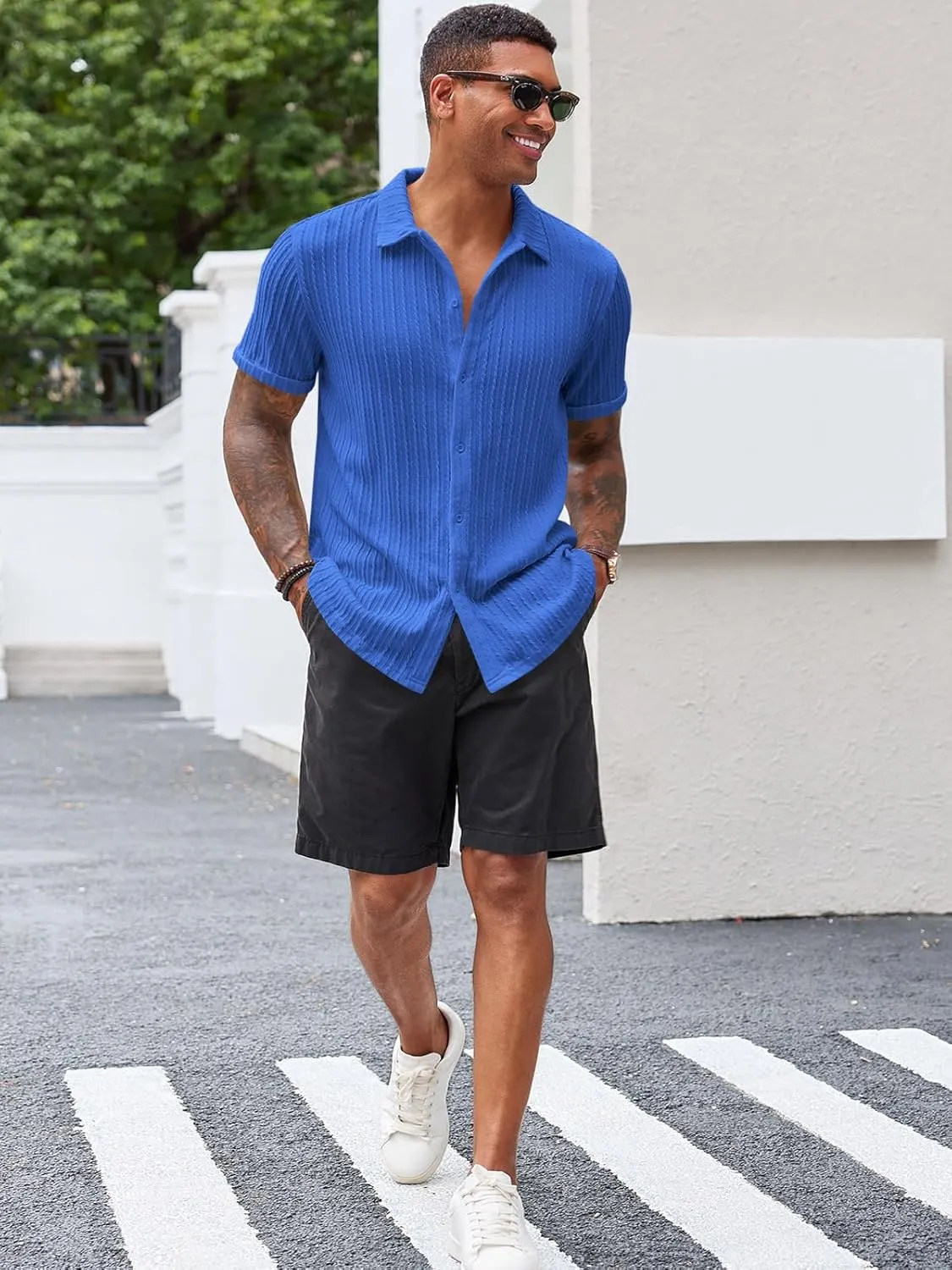 Runcati Men's Casual Button Down Shirts Short Sleeve Textured Shirt Summer Beach Tops