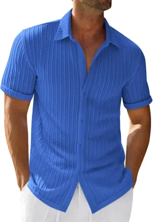 Runcati Men's Casual Button Down Shirts Short Sleeve Textured Shirt Summer Beach Tops