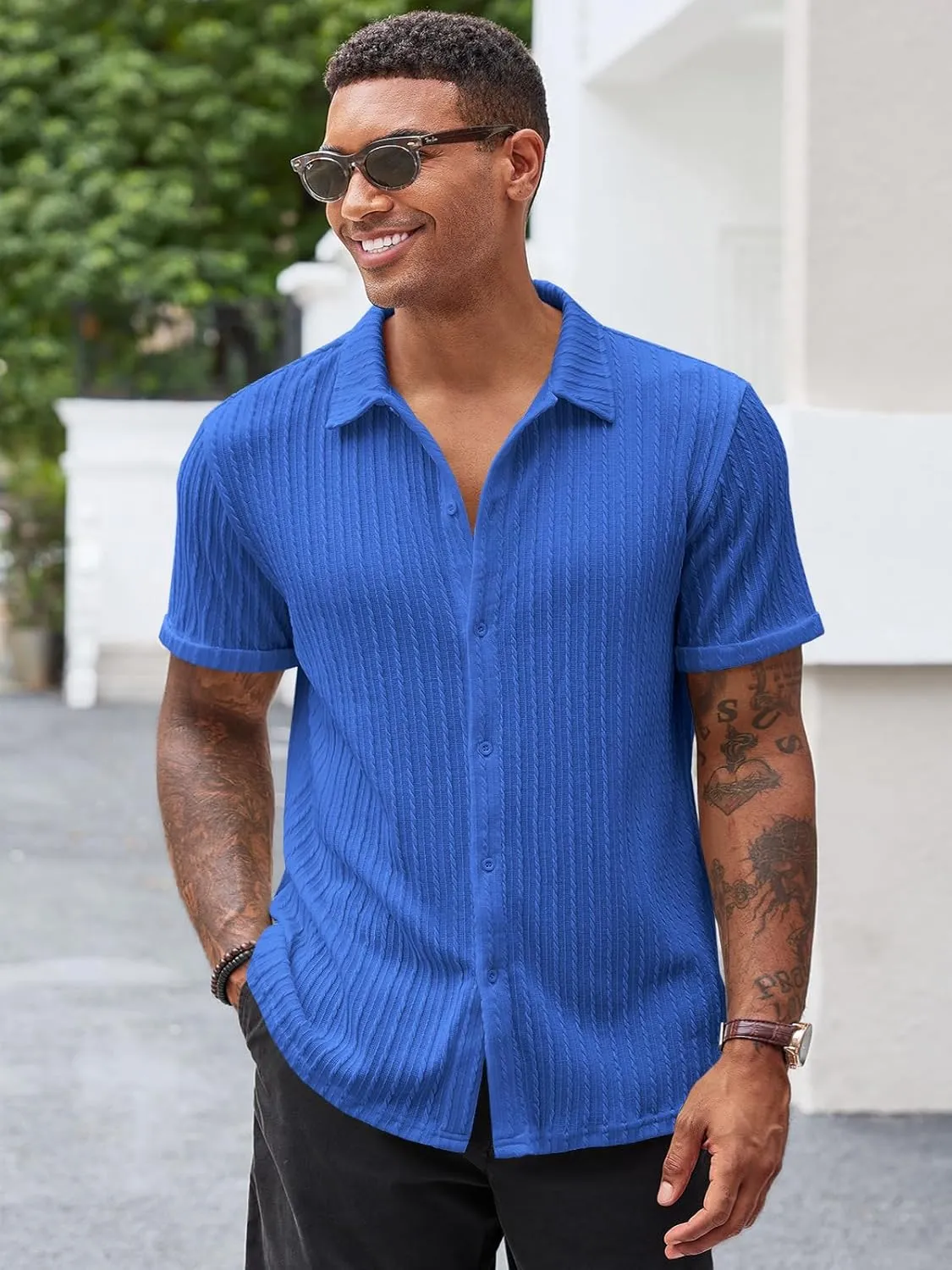 Runcati Men's Casual Button Down Shirts Short Sleeve Textured Shirt Summer Beach Tops