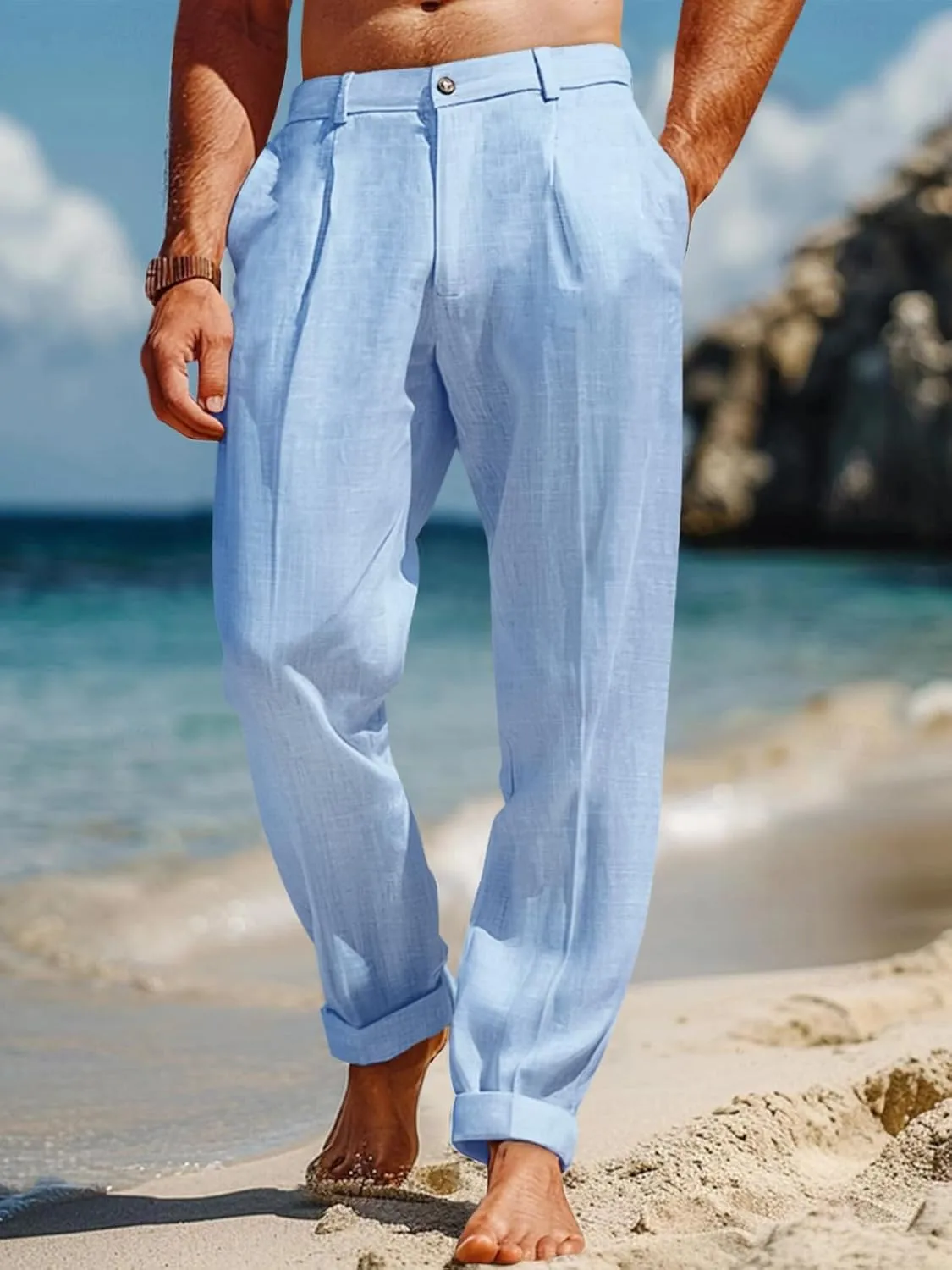 Runcati Mens Casual Linen Pants Elastic Waist Lightweight Loose Fit Pleated Slacks Summer Cotton Beach Yoga Trousers