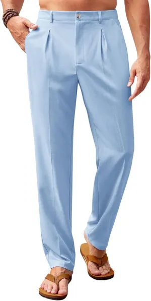 Runcati Mens Casual Linen Pants Elastic Waist Lightweight Loose Fit Pleated Slacks Summer Cotton Beach Yoga Trousers