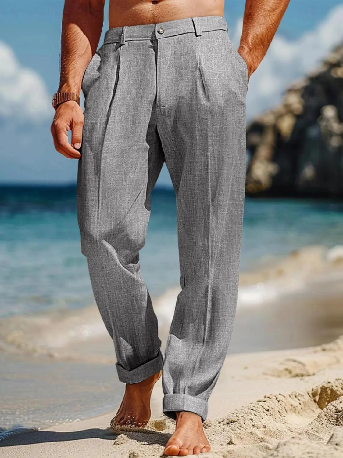 Runcati Mens Casual Linen Pants Elastic Waist Lightweight Loose Fit Pleated Slacks Summer Cotton Beach Yoga Trousers