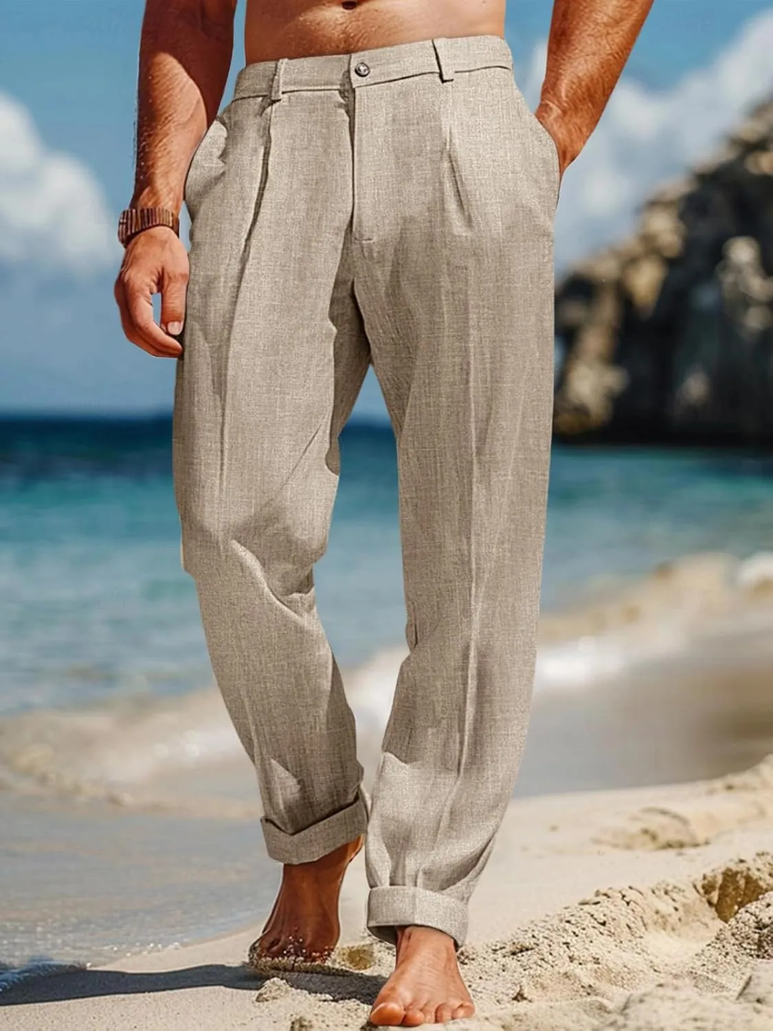 Runcati Mens Casual Linen Pants Elastic Waist Lightweight Loose Fit Pleated Slacks Summer Cotton Beach Yoga Trousers
