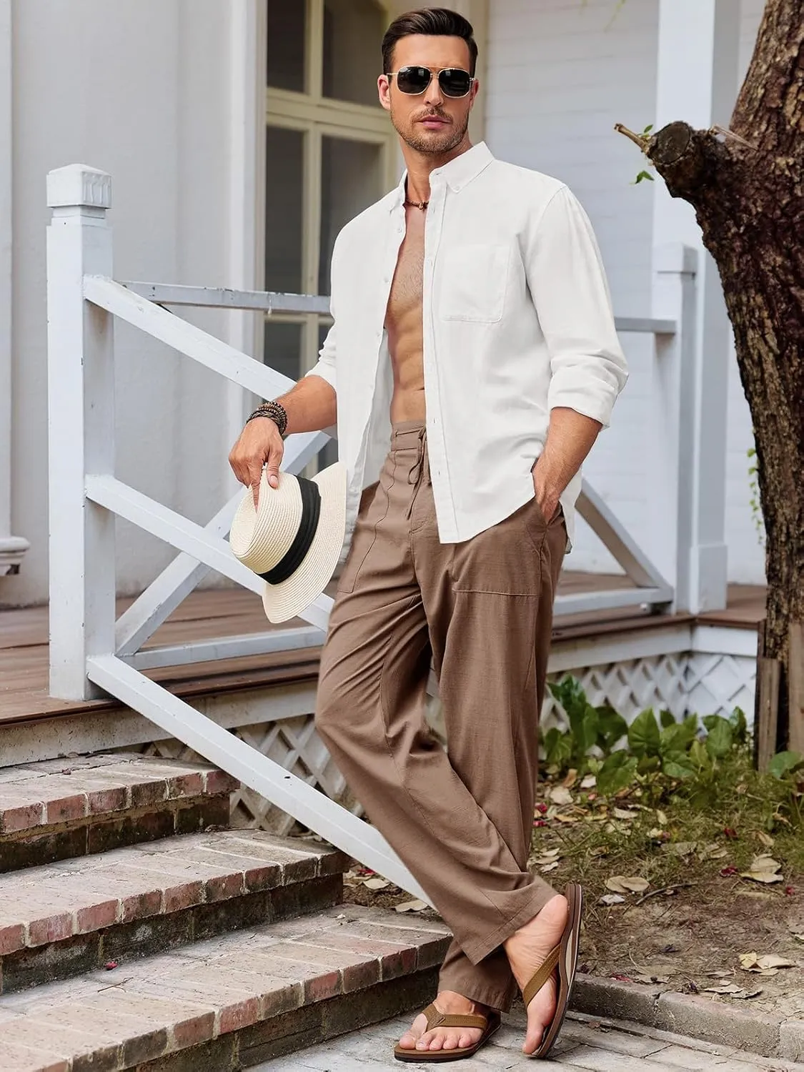 Runcati Mens Cotton Linen Pants Casual Elastic Waist Drawstring Lightweight Loose Fit Summer Beach Yoga Trousers