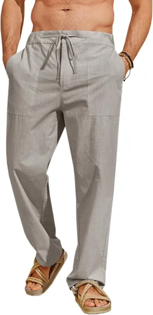 Runcati Mens Cotton Linen Pants Casual Elastic Waist Drawstring Lightweight Loose Fit Summer Beach Yoga Trousers