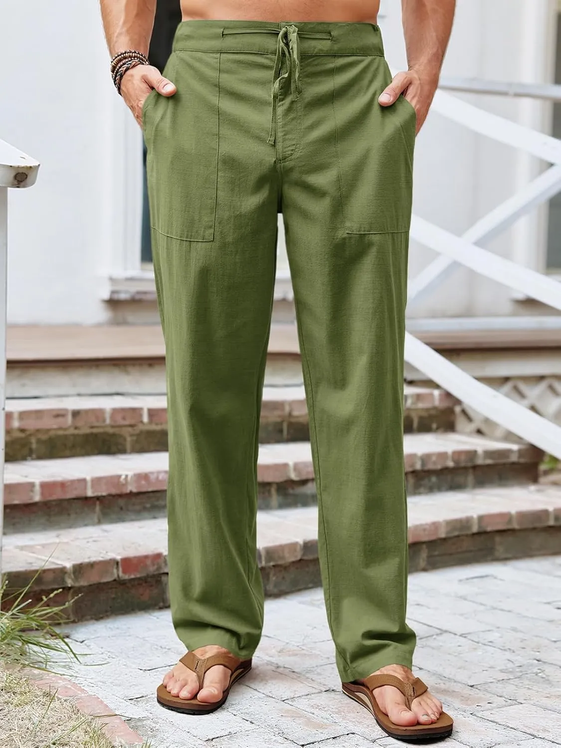 Runcati Mens Cotton Linen Pants Casual Elastic Waist Drawstring Lightweight Loose Fit Summer Beach Yoga Trousers