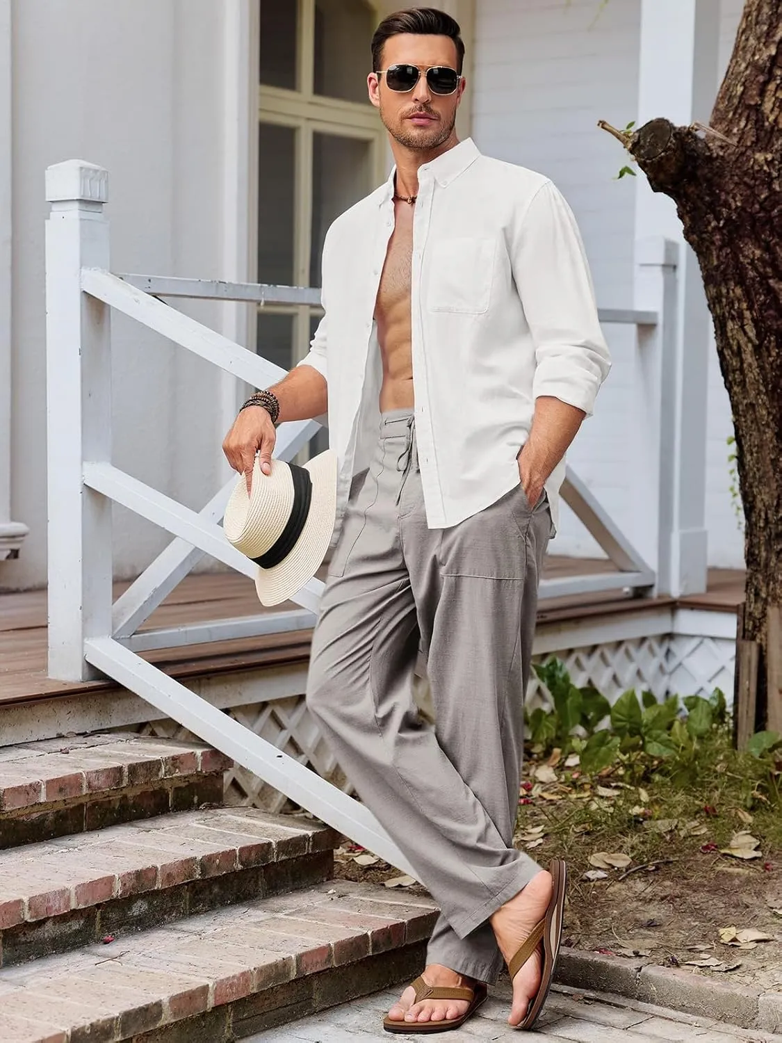 Runcati Mens Cotton Linen Pants Casual Elastic Waist Drawstring Lightweight Loose Fit Summer Beach Yoga Trousers