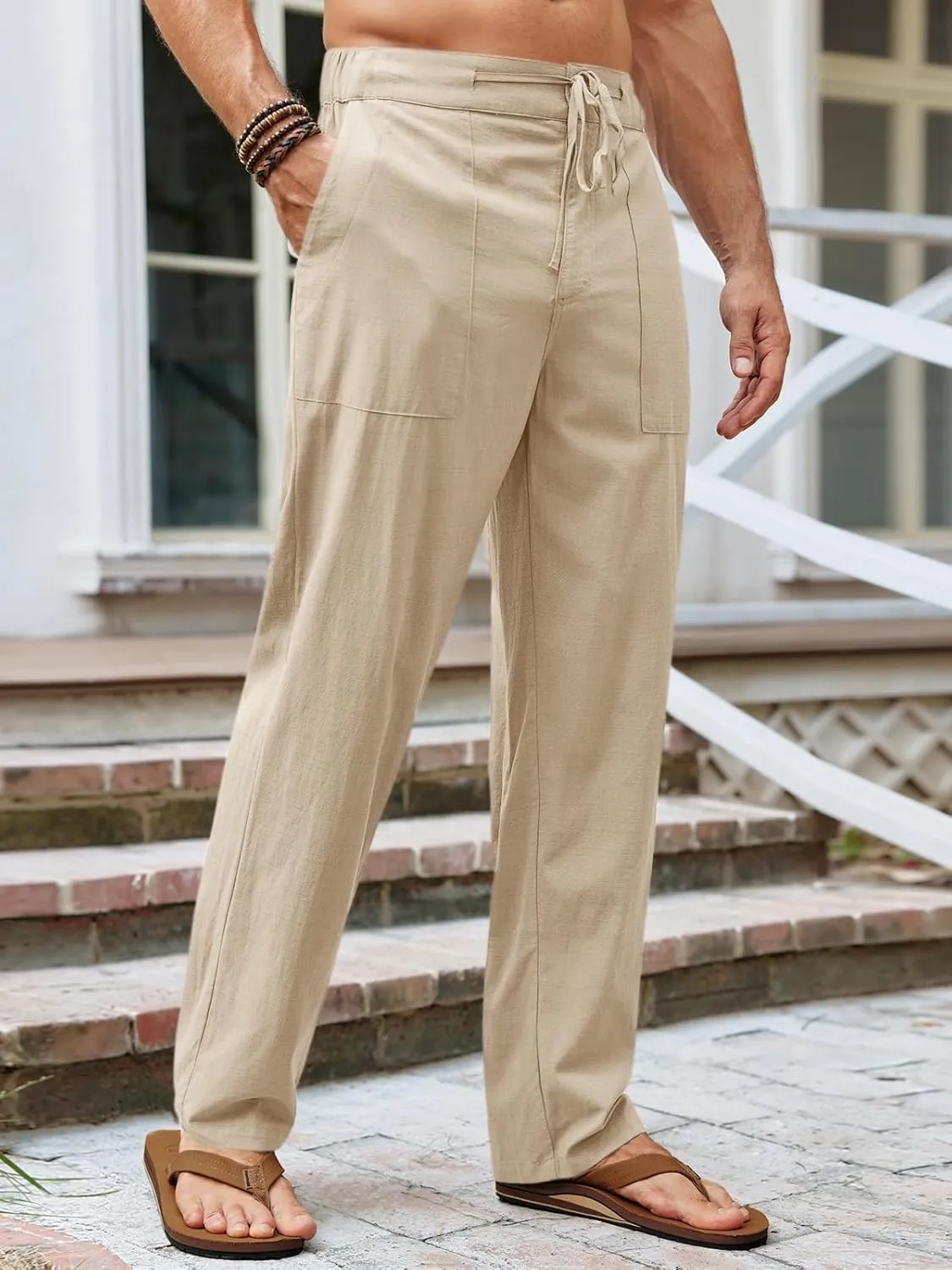 Runcati Mens Cotton Linen Pants Casual Elastic Waist Drawstring Lightweight Loose Fit Summer Beach Yoga Trousers