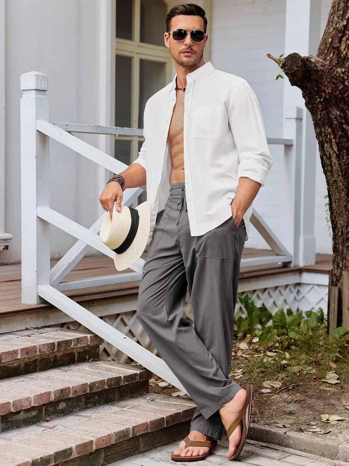 Runcati Mens Cotton Linen Pants Casual Elastic Waist Drawstring Lightweight Loose Fit Summer Beach Yoga Trousers