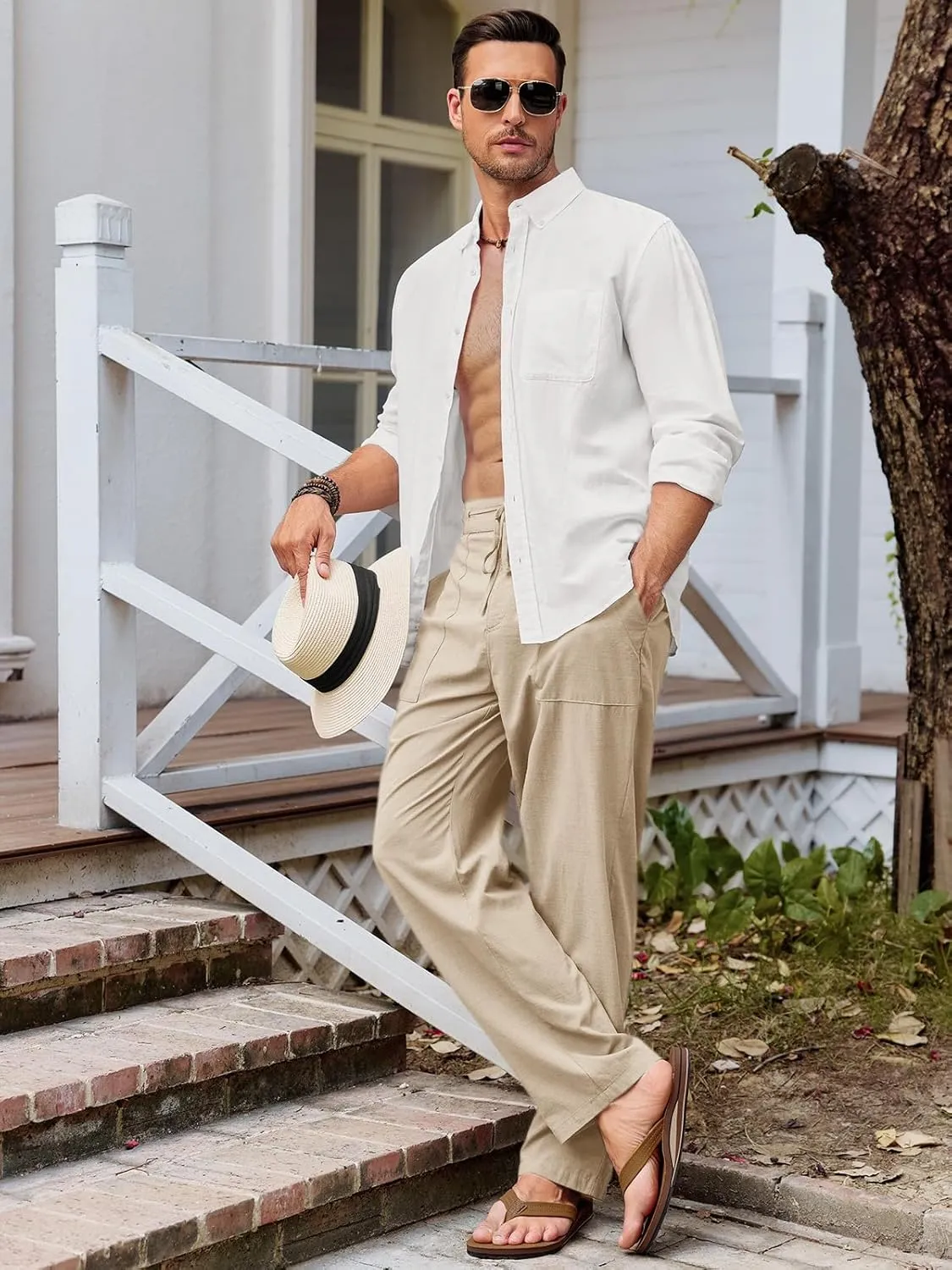 Runcati Mens Cotton Linen Pants Casual Elastic Waist Drawstring Lightweight Loose Fit Summer Beach Yoga Trousers