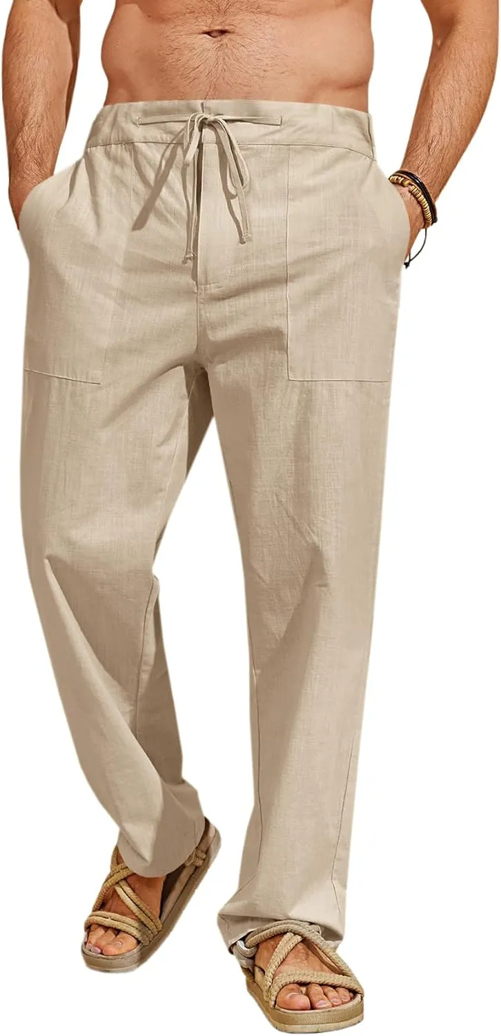 Runcati Mens Cotton Linen Pants Casual Elastic Waist Drawstring Lightweight Loose Fit Summer Beach Yoga Trousers