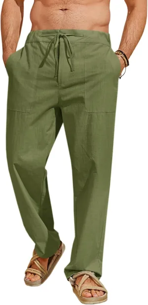 Runcati Mens Cotton Linen Pants Casual Elastic Waist Drawstring Lightweight Loose Fit Summer Beach Yoga Trousers