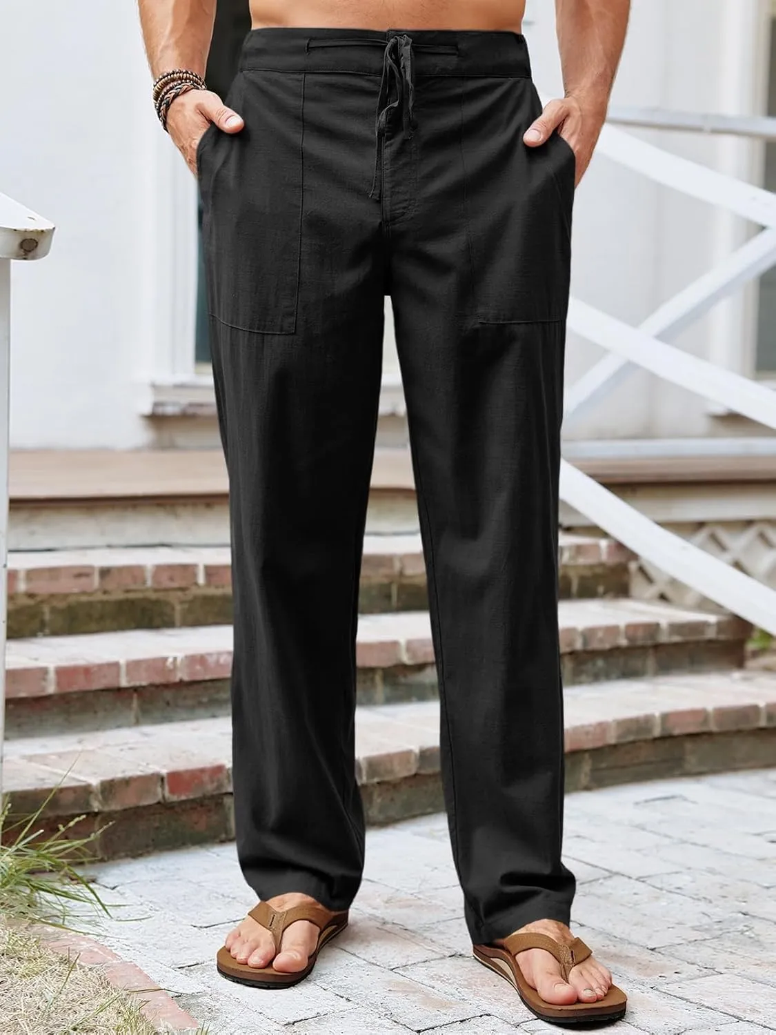 Runcati Mens Cotton Linen Pants Casual Elastic Waist Drawstring Lightweight Loose Fit Summer Beach Yoga Trousers