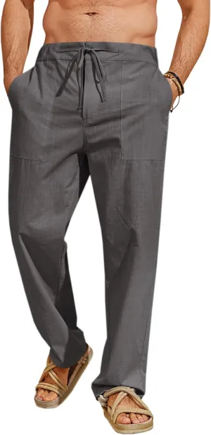 Runcati Mens Cotton Linen Pants Casual Elastic Waist Drawstring Lightweight Loose Fit Summer Beach Yoga Trousers