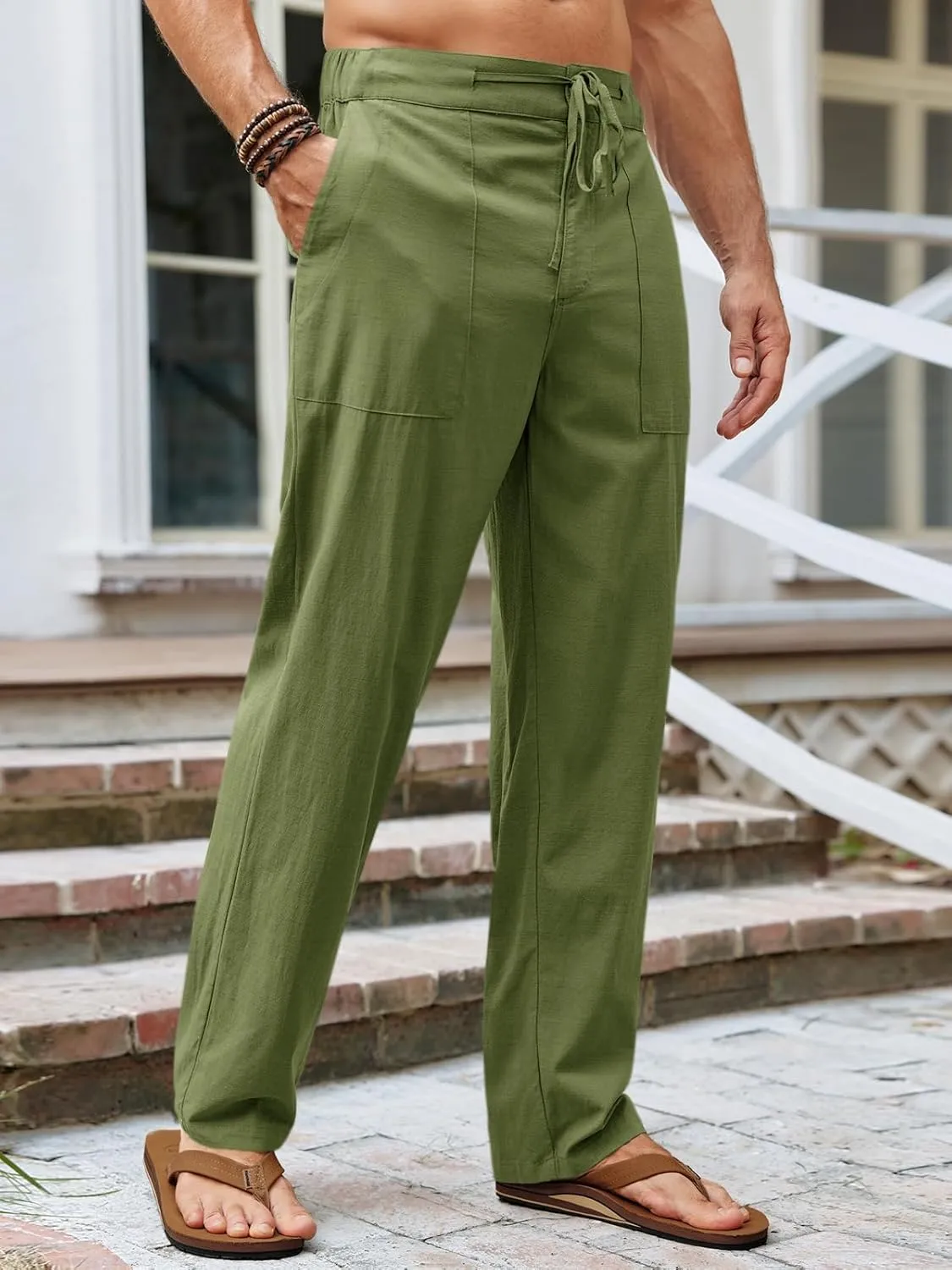 Runcati Mens Cotton Linen Pants Casual Elastic Waist Drawstring Lightweight Loose Fit Summer Beach Yoga Trousers