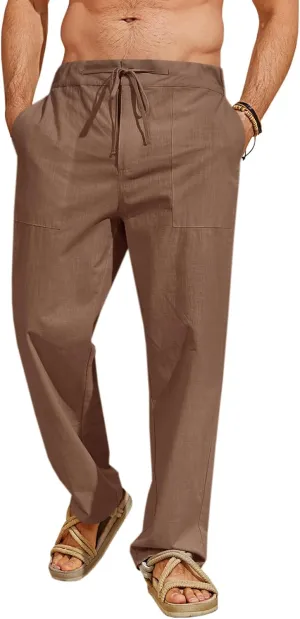 Runcati Mens Cotton Linen Pants Casual Elastic Waist Drawstring Lightweight Loose Fit Summer Beach Yoga Trousers
