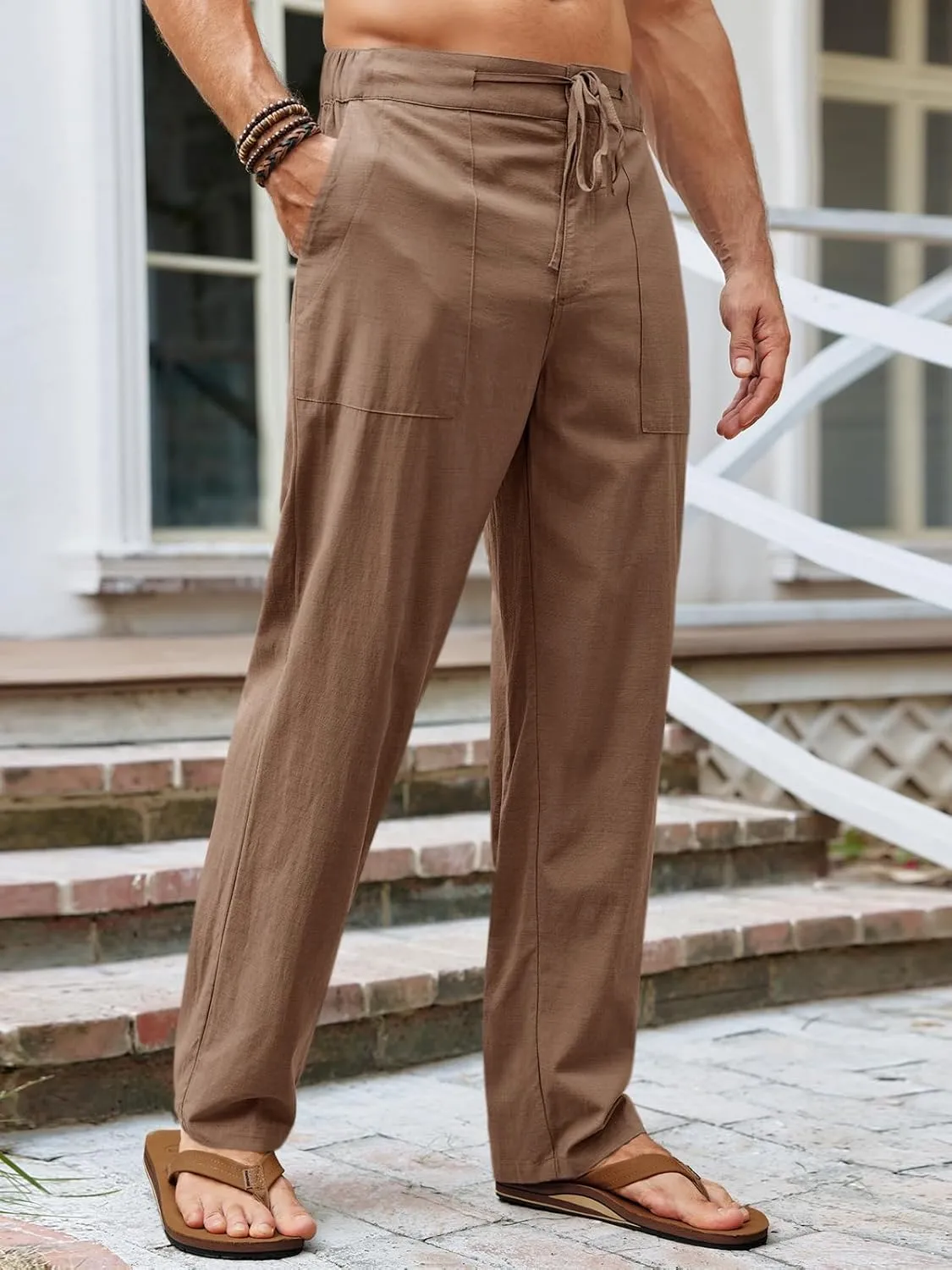 Runcati Mens Cotton Linen Pants Casual Elastic Waist Drawstring Lightweight Loose Fit Summer Beach Yoga Trousers