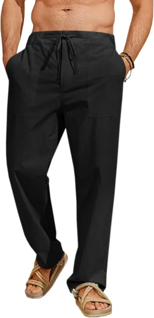 Runcati Mens Cotton Linen Pants Casual Elastic Waist Drawstring Lightweight Loose Fit Summer Beach Yoga Trousers