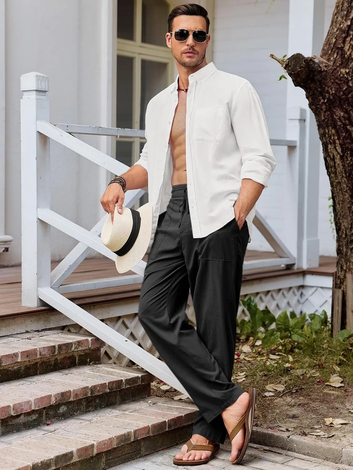 Runcati Mens Cotton Linen Pants Casual Elastic Waist Drawstring Lightweight Loose Fit Summer Beach Yoga Trousers