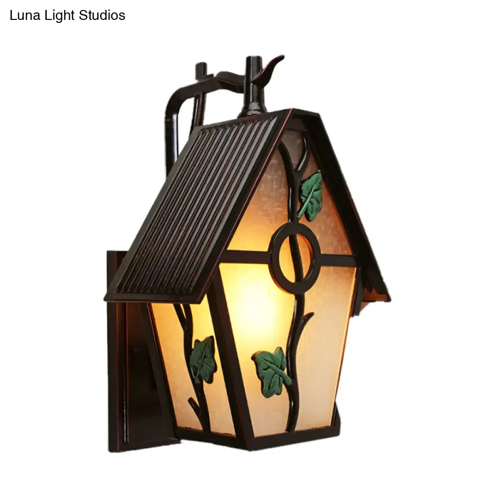 Rustic 1-Light Outdoor Wall Sconce in Coffee with Leaf Design - White Glass