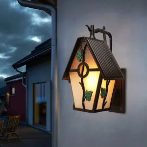 Rustic 1-Light Outdoor Wall Sconce in Coffee with Leaf Design - White Glass