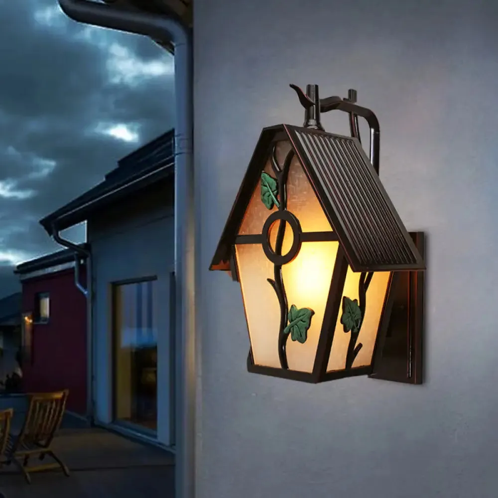 Rustic 1-Light Outdoor Wall Sconce in Coffee with Leaf Design - White Glass