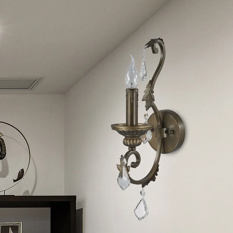 Rustic Wall Mounted Candlestick Lamp in Bronze with Crystal Accent