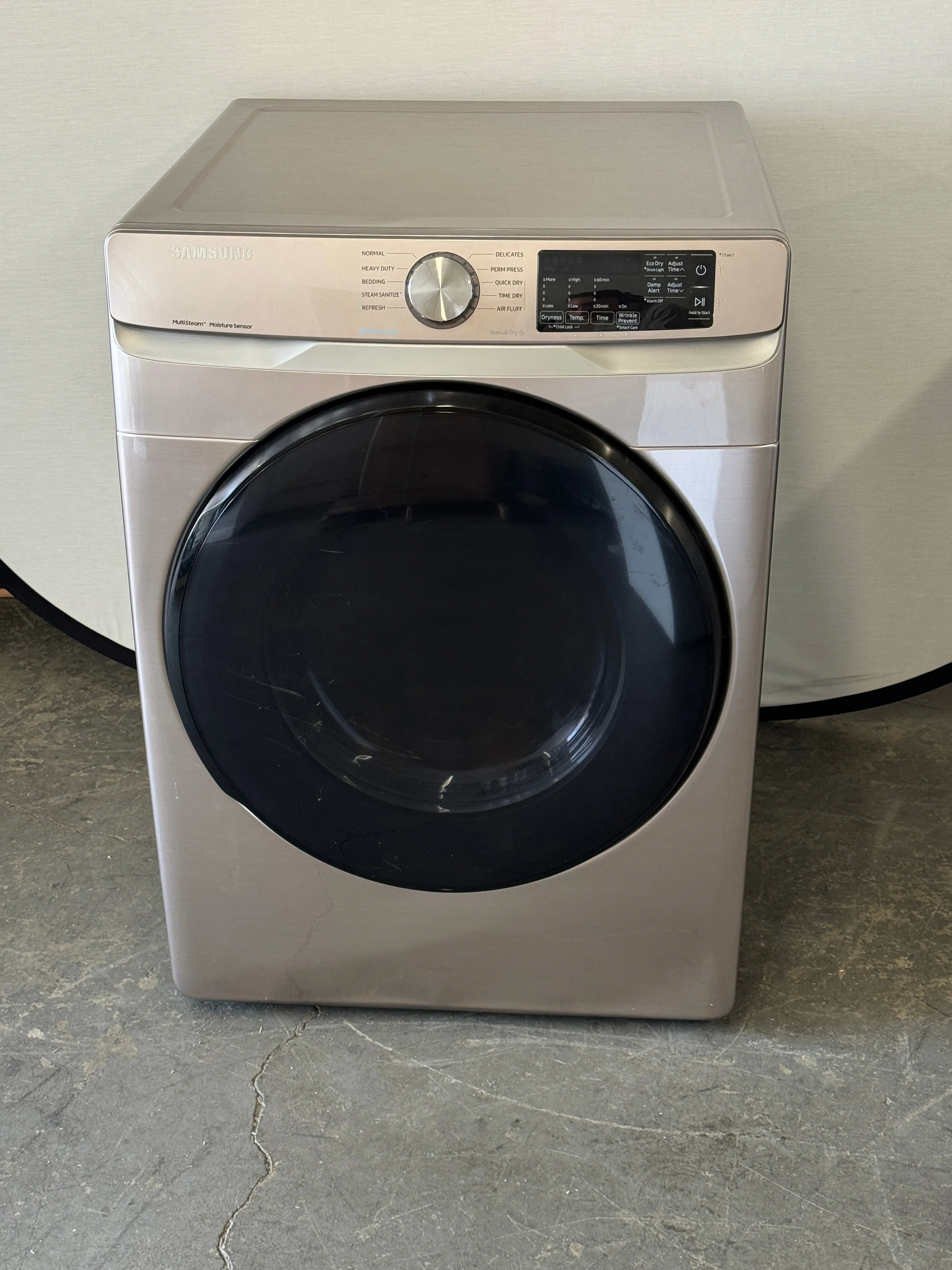 Samsung DVG45R6100C 27 Inch Gas Dryer with 7.5 Cu. Ft. Capacity, Steam Sanitize , Sensor Dry, Smart Care, Interior Drum Light, 3-Way Venting, Reversible Door, 10 Dry Cycles, Bedding, Quick Dry, Child Lock, and ADA Compliant: Champagne