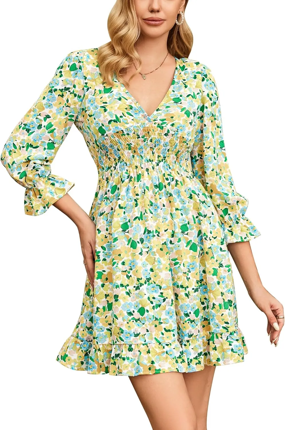 SDEER Womens Casual Floral Dress Square Neck Puff Sleeve Ruffle Midi Dress Smocked A Line Dress for Women