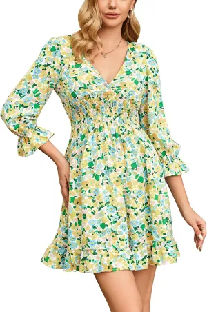 SDEER Womens Casual Floral Dress Square Neck Puff Sleeve Ruffle Midi Dress Smocked A Line Dress for Women