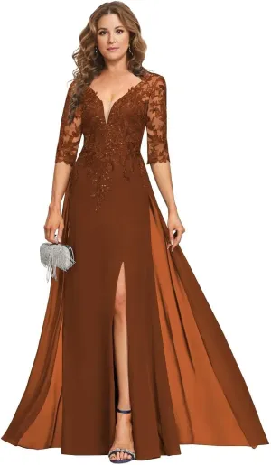Sequins Lace Mother of The Bride Dresses for Wedding 3/4 Sleeve Appliques Chiffon Formal Evening Dress AP09