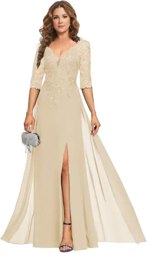 Sequins Lace Mother of The Bride Dresses for Wedding 3/4 Sleeve Appliques Chiffon Formal Evening Dress AP09
