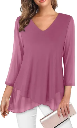 SeSe Code Womens Dressy 3/4 Sleeve Tunic Tops Asymmetric Hem Blouses Lightweight Mesh Shirt