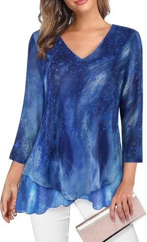 SeSe Code Womens Dressy 3/4 Sleeve Tunic Tops Asymmetric Hem Blouses Lightweight Mesh Shirt