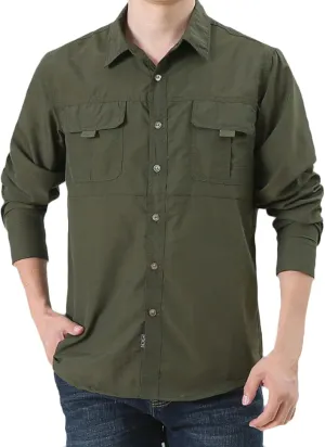 Shirts for Men Long Sleeve Button up Quick Dry Durable Cargo Shirt Big Tall Casual Outdoor Hiking Shirts with Pockets