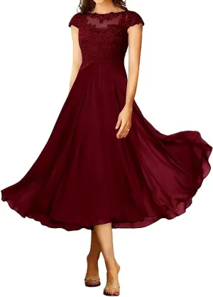 Short Mother of The Bride Dresses for Wedding Tea Length Cap Sleeves Lace Formal Evening Party Prom Gown for Women