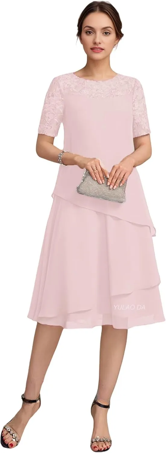 Short Sleeve Mother of The Bride Dresses for Wedding Lace Applique Wedding Guest Dress Tiered Formal Dresses 2025