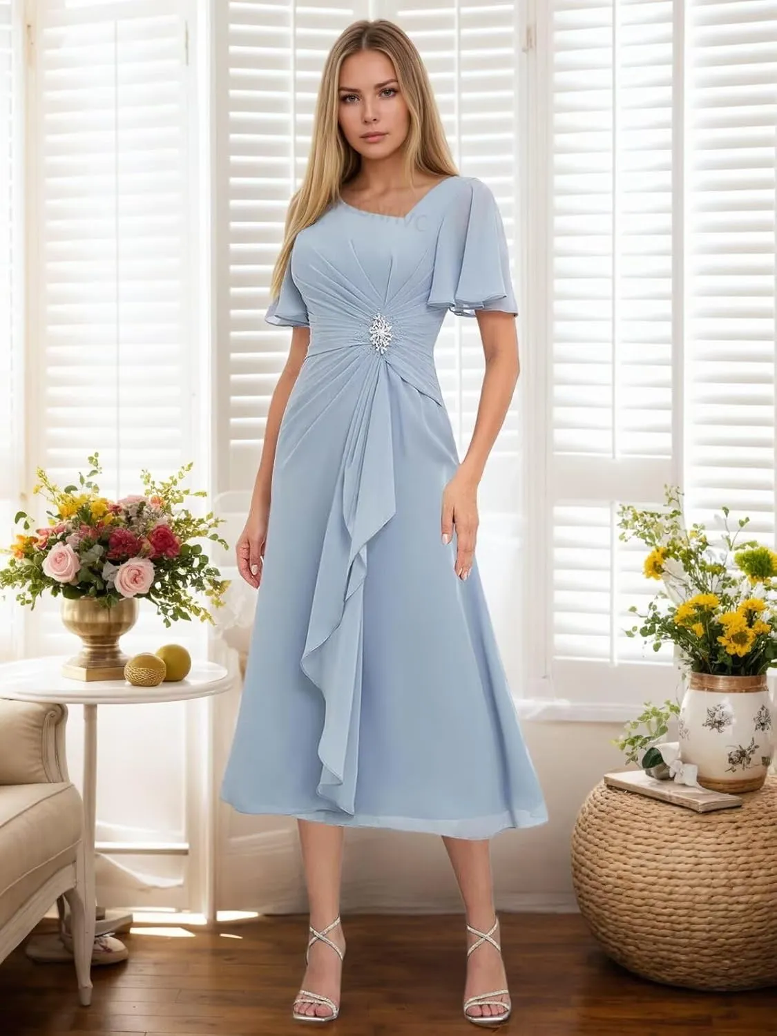 Short Sleeve Mother of The Bride Dresses for Wedding Tea Length Formal Dresses for Women Short