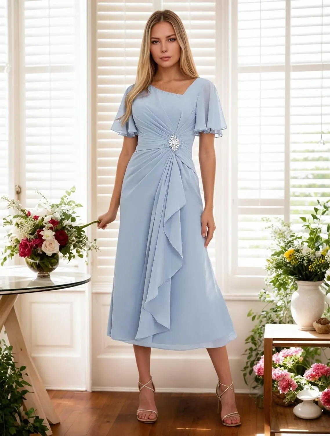 Short Sleeve Mother of The Bride Dresses for Wedding Tea Length Formal Dresses for Women Short