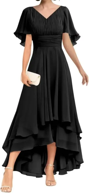 Short Sleeve Mother of The Bride Groom Dress Tea Length Chiffon Formal Evening Prom Mother Gowns PE344
