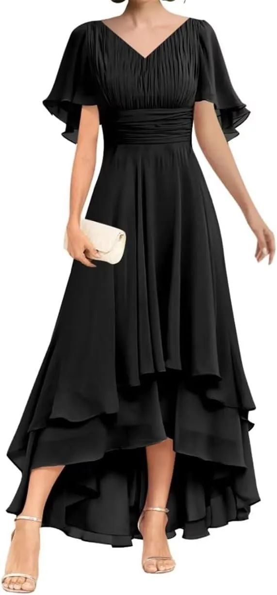 Short Sleeve Mother of The Bride Groom Dress Tea Length Chiffon Formal Evening Prom Mother Gowns PE344