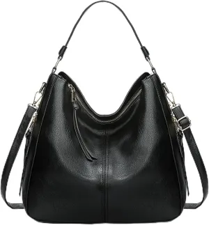 Shoulder Bag Vintage Leather Women Hobo Bag Large Capacity Shoulder Tote for Casual Use(Black)