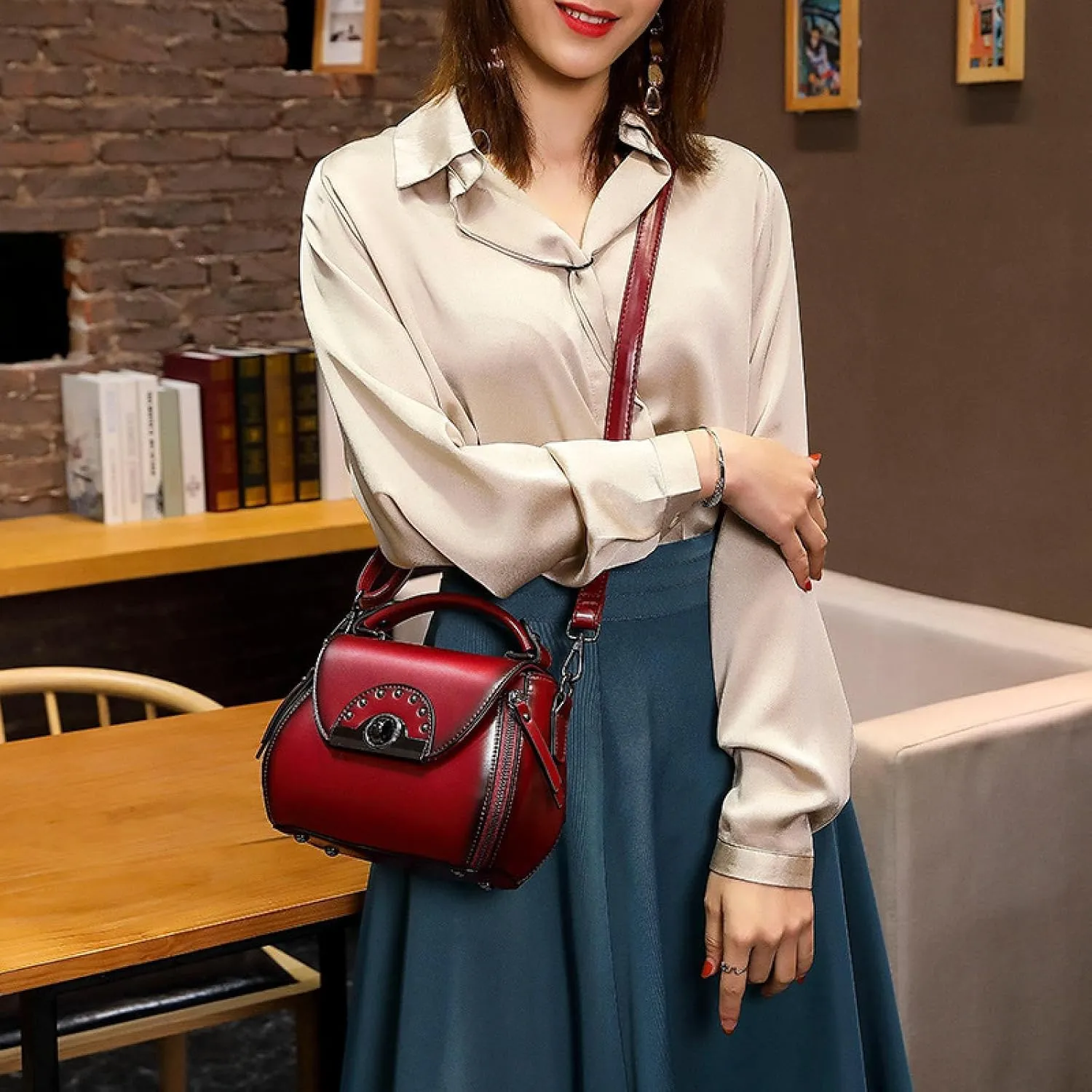 Shoulder Bag, Women's Pouch, Portable Bucket Bag, Leather Cowhide Crossbody Bag