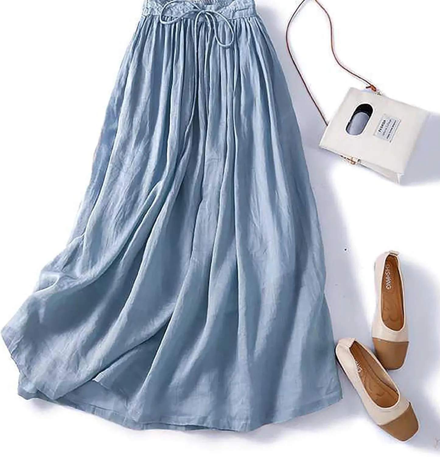 Skirts for Women Elastic High Waist Linen Ankle Skirt Fashion Casual Swing Long Skirt Elegant Flowy Pleated Skirts